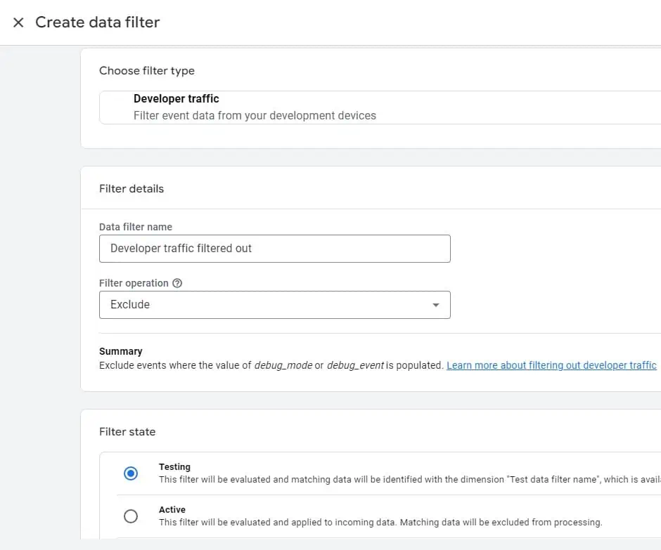 Developer traffic filter details