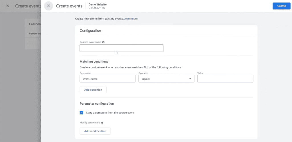 GA4 custom event configuration screen