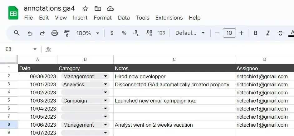 Google Analytics annotations in Google Sheets