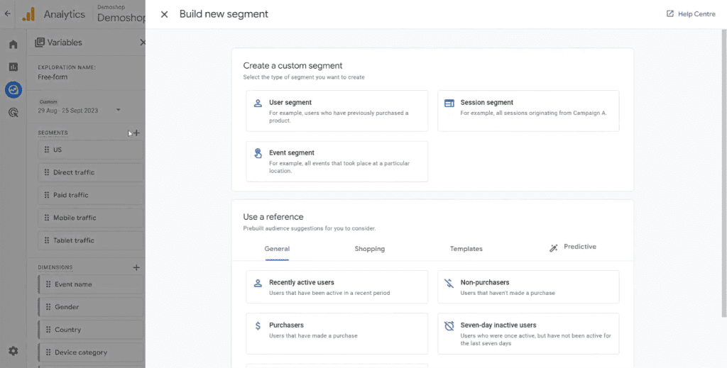 Segment builder in the explorations section