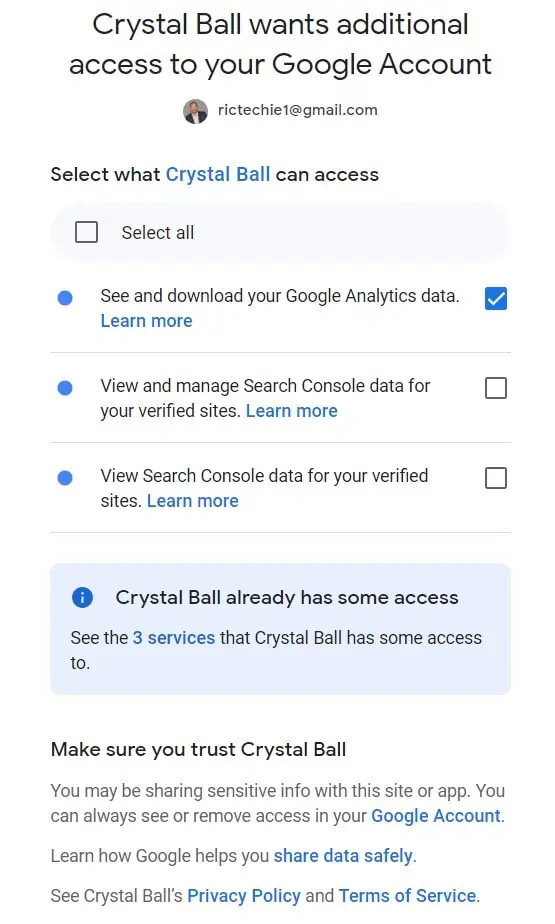 Selecting options Crystal Ball can access