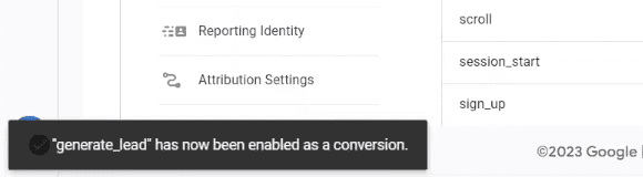Successful marking of the generate_lead event as a conversion