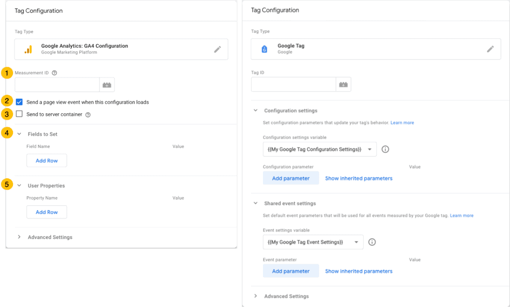 Comparison between the GA4 configuration tag and the new Google tag
