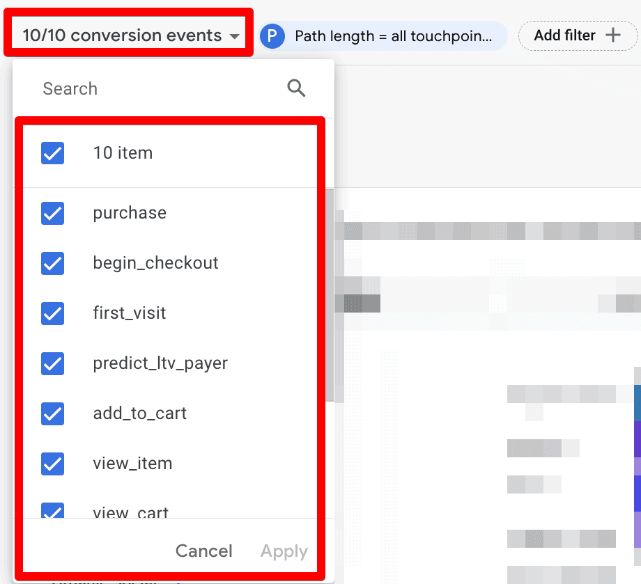 Conversion events drop-down in the conversion paths report