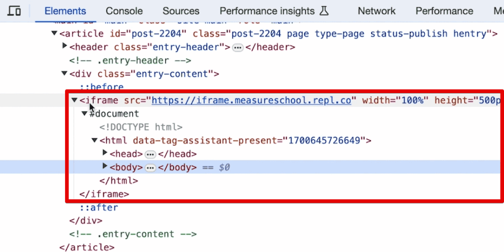 Iframe element in the HTML code of the demo shop