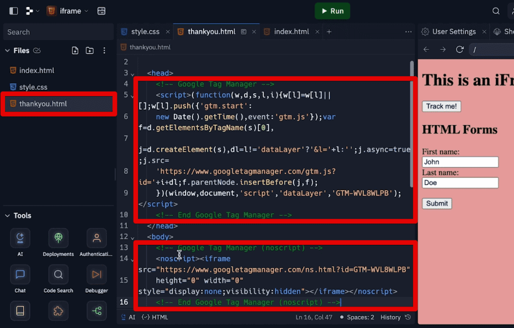 Installing the GTM snippet codes in the iframe thank you page
