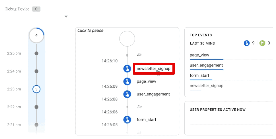 Newsletter_signup event in the GA4 DebugView