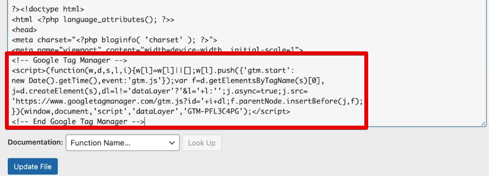 Pasting the first GTM code in the theme header file