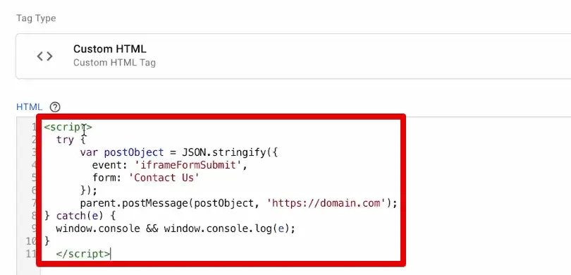 Pasting the post message sending code to the custom HTML tag