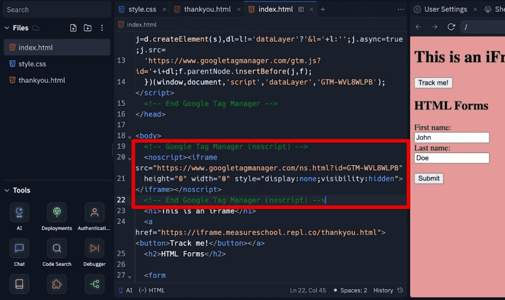 Pasting the second GTM code snippet to the iframe code