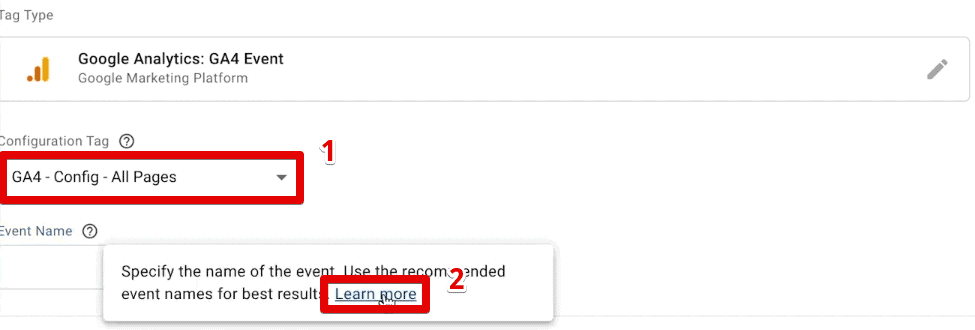 Selecting the configuration tag and opening the recommended event names