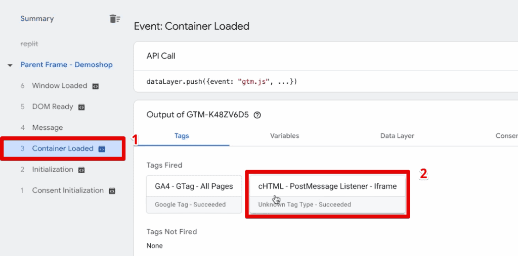Successful firing of the post-message listener tag