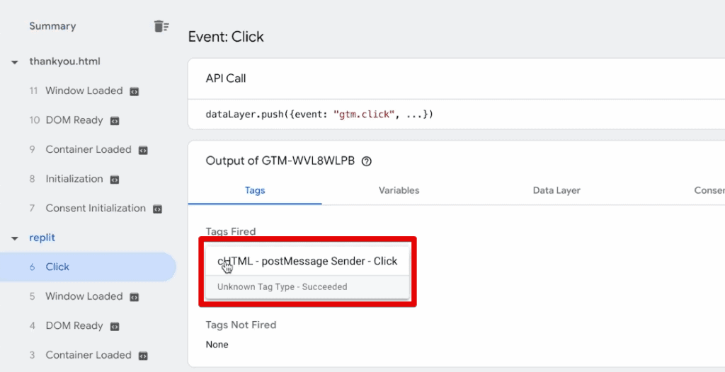 Successful firing of the post message sender tag