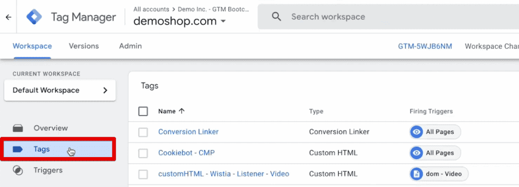 Tags section in GTM
