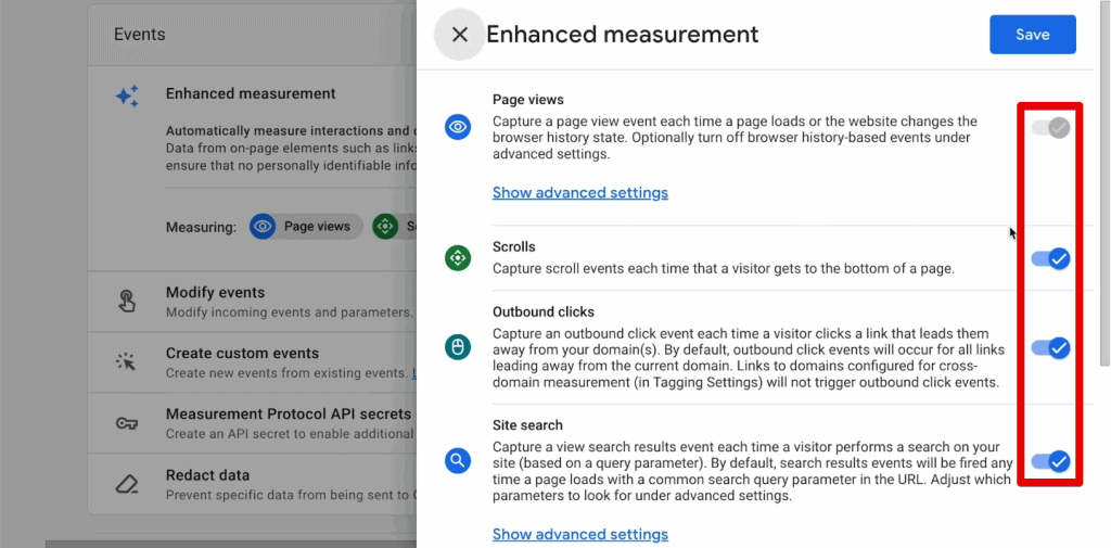 Toggling individual enhanced measurement events on/off