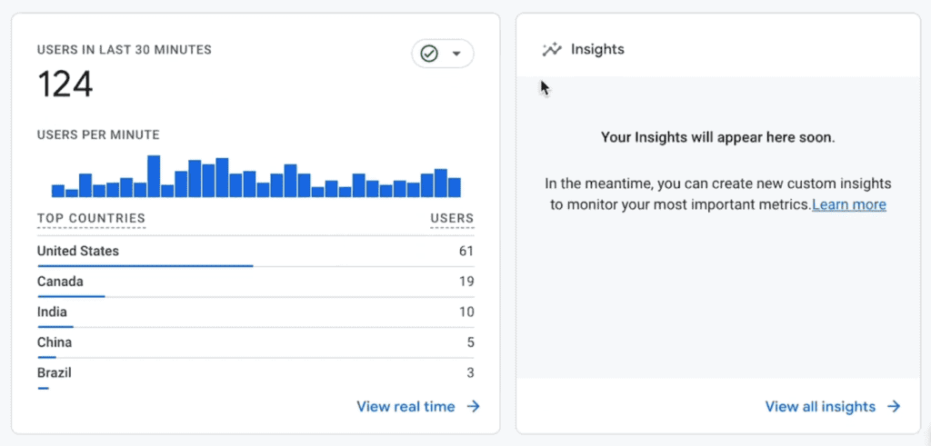 Users in the last 30 minutes and insights cards