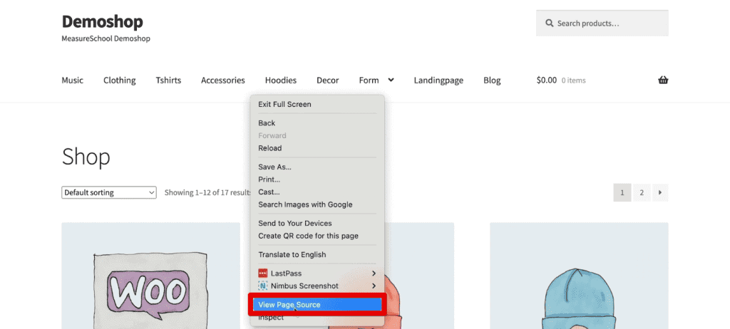 Viewing the page source of the demo shop