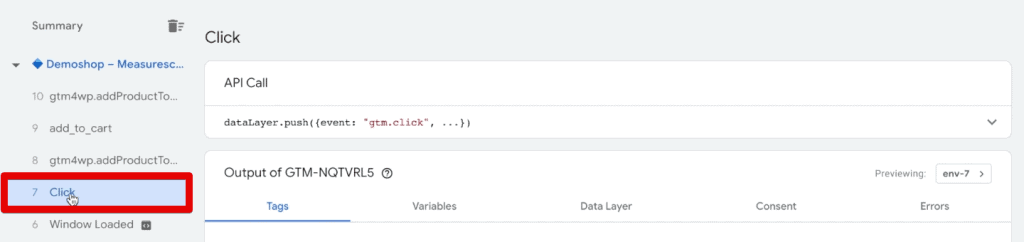 A click event in the Tag Assistant
