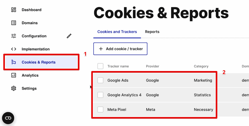 Adding cookies and trackers in the cookies & reports section