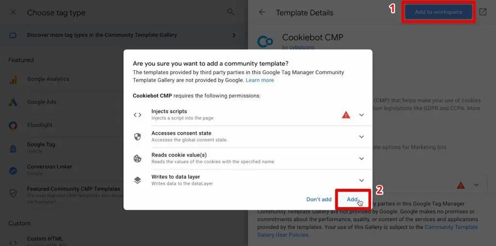 Adding the Cookiebot tag template to the workspace