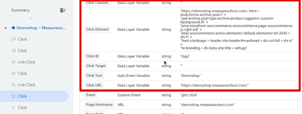 Click variables, variable types, return types, and equivalent values