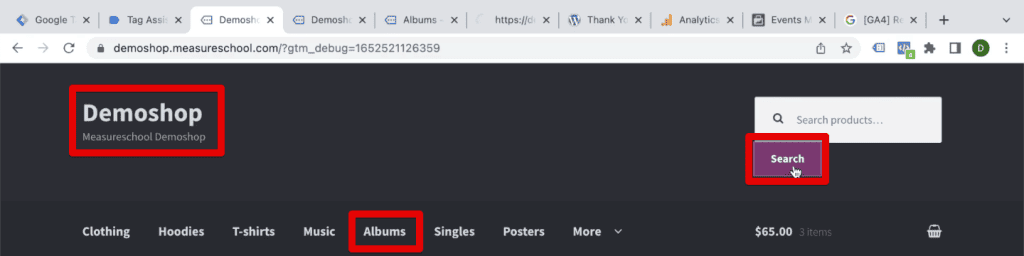 Clicking different elements in the demo shop
