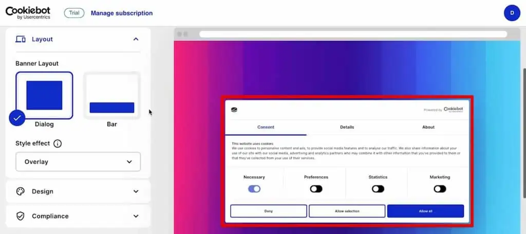 Cookie consent banner creation in Cookiebot