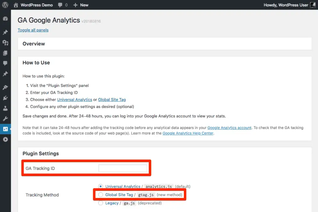 GA Google Analytics WordPress plugin setup