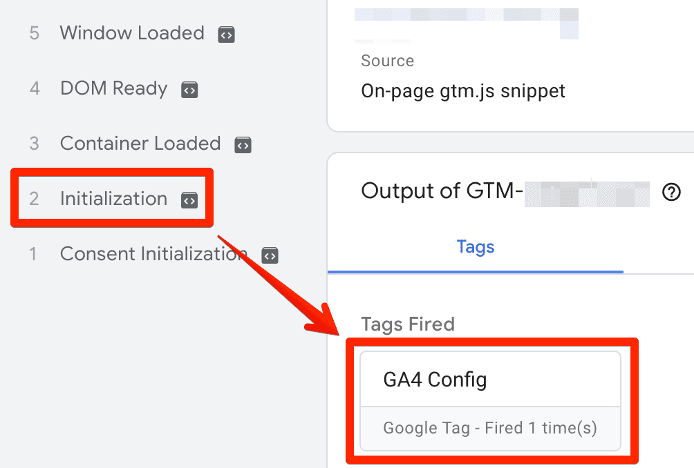 GTM preview mode showing GA4 config tag