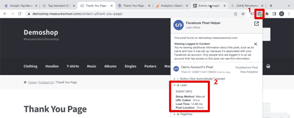 Meta Pixel Helper Chrome extension detecting the lead event
