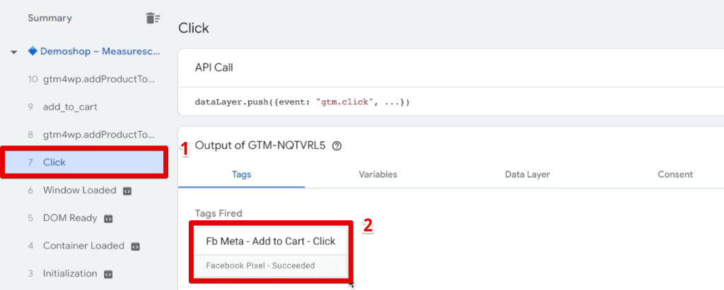 Meta Pixel add-to-cart event tag firing in the Tag Assistant