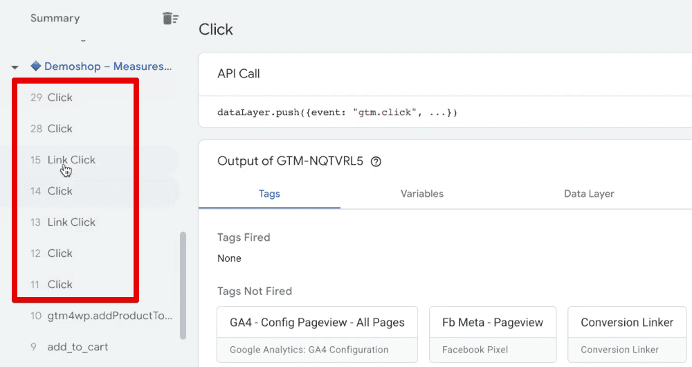 Multiple click events in the Tag Assistant