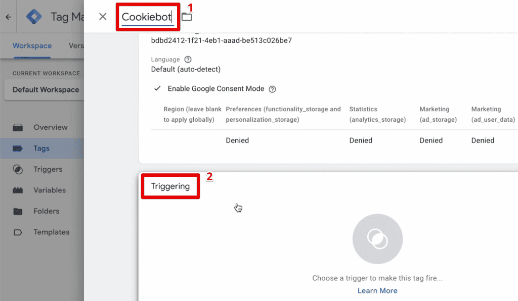 Naming the tag and adding a trigger