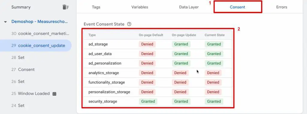 Overview of consent status in the consent tab