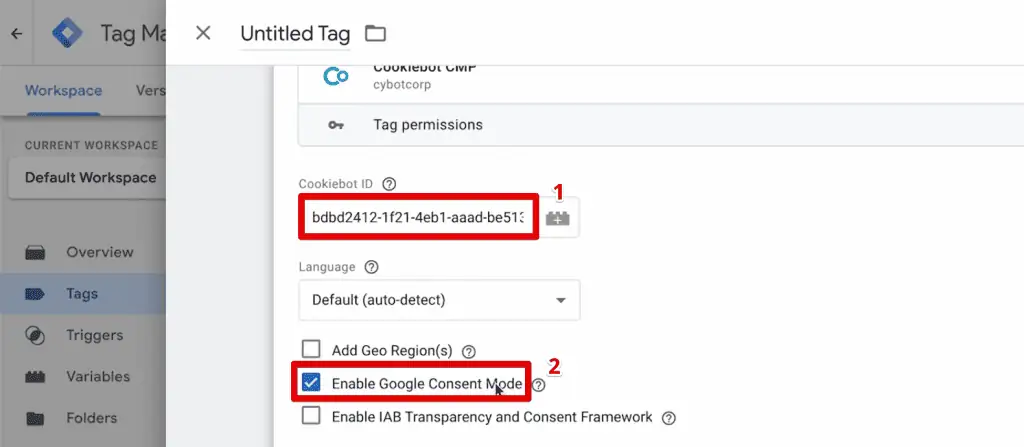 Pasting the Cookiebot ID and enabling Google consent mode