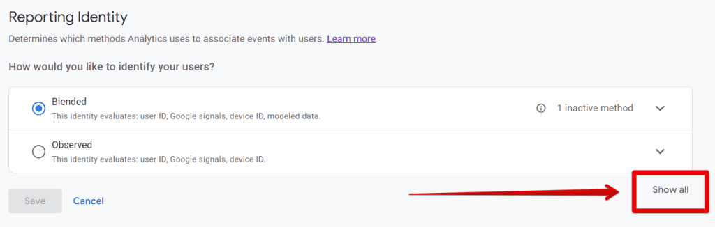 Reporting identity shows all toggle