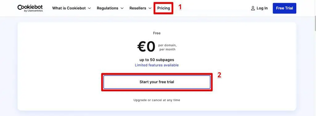 Starting a Cookiebot free trial