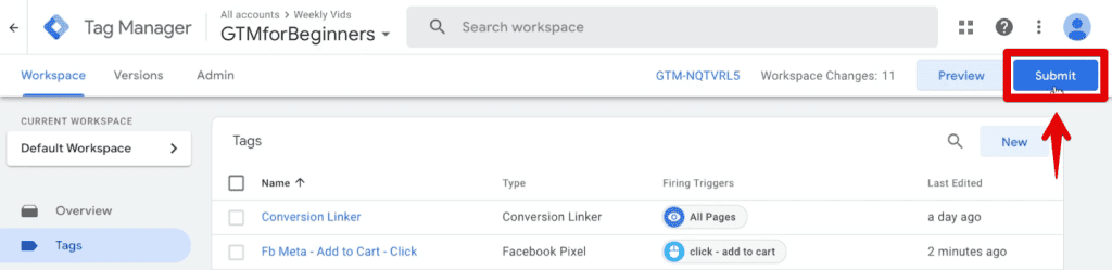 Submitting a version of the GTM container