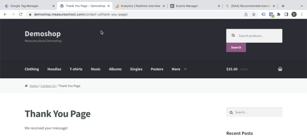 Thank you page after a form submission
