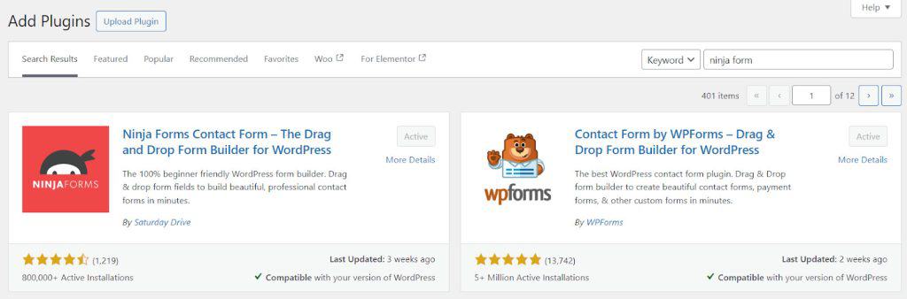 Activating the Ninja Forms plugin