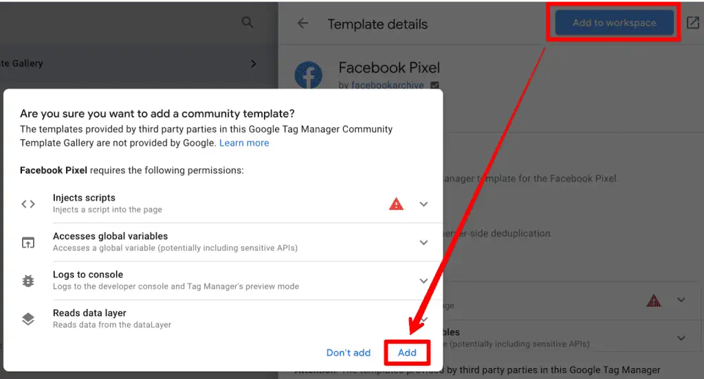 Add Facebook pixel tag to GTM workspace