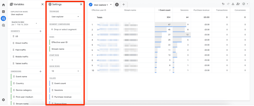 Customization in the Settings column in the User Explorer report