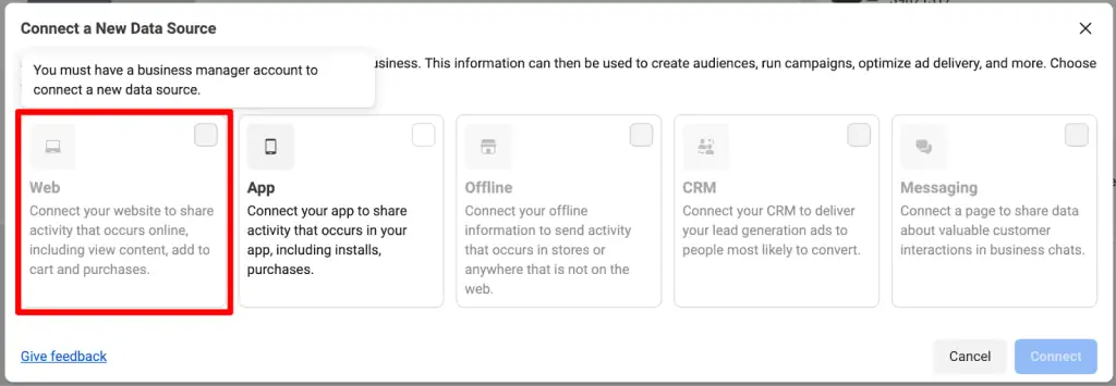 Data sources to choose from in Meta Events Manager