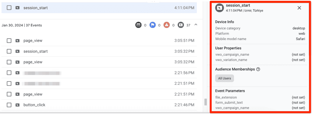 Event details in GA4 User Explorer