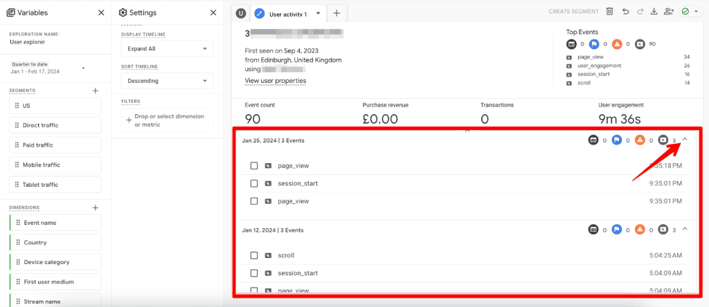 Events timeline in user activity view