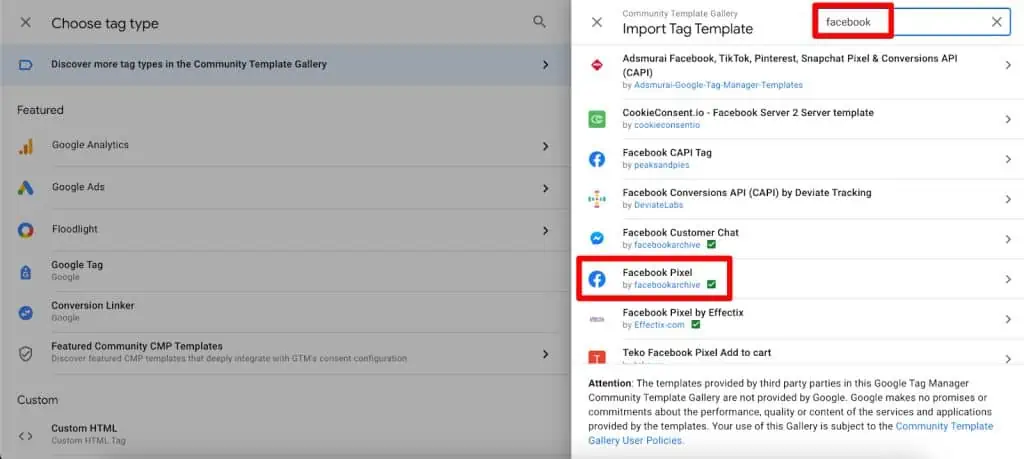 Facebook pixel template in GTM template gallery