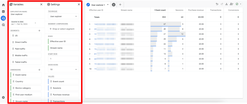 GA4 variables and settings for User Explorer
