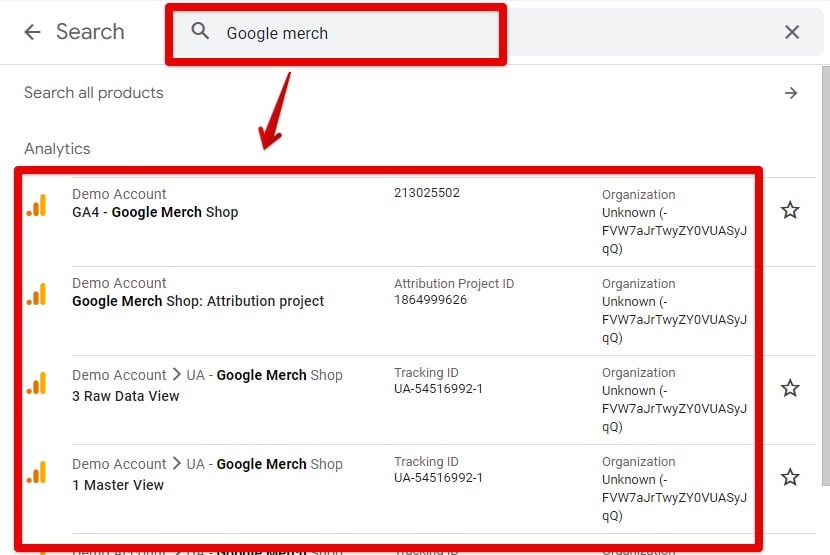 Google property selector search bar results