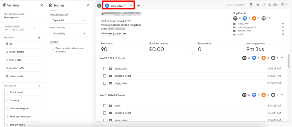 Individual user activity report in GA4