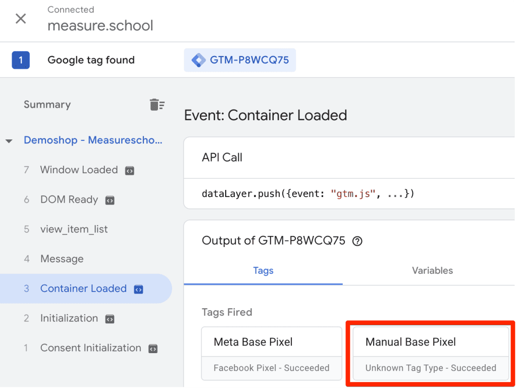 Manual base pixel tag in GTM tag assistant